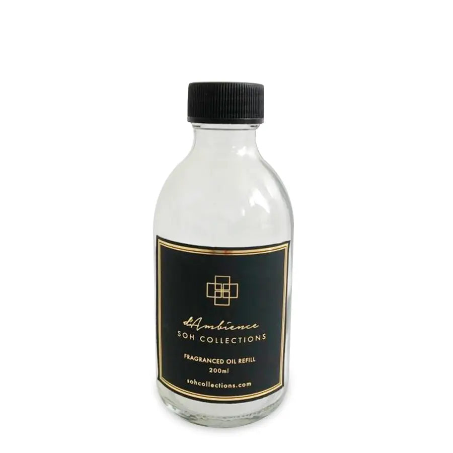 Clear glass bottle with black screw-top lid for 200ml Scenting System Refill for diffuser