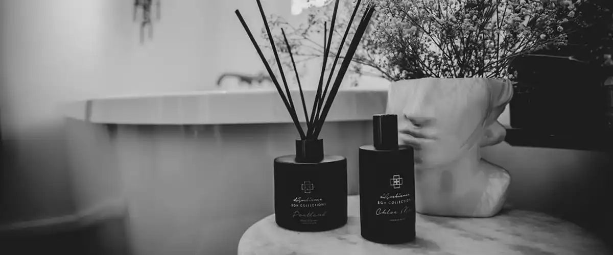 Dark-colored reed diffuser and spray bottle.