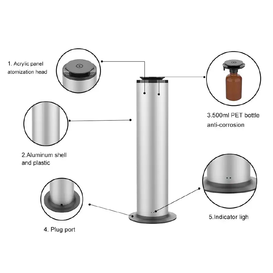 Silver-colored automatic liquid dispenser with labeled components.