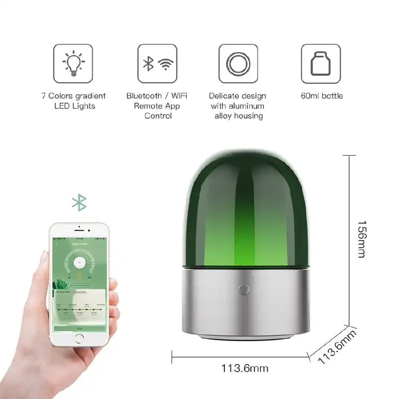 Smart LED light with a 60ml bottle, Bluetooth/WiFi app control, and aluminum alloy housing.