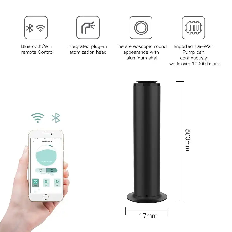 Smart, remote-controlled essential oil diffuser with an aluminum shell and a long-lasting pump.