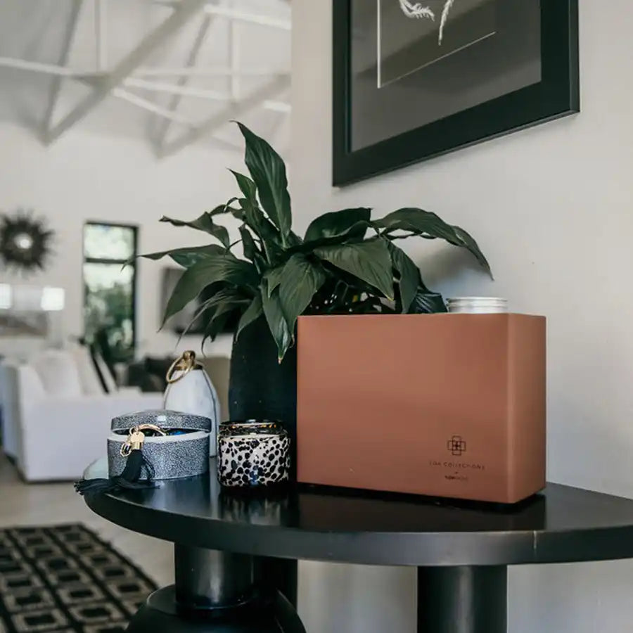 Terracotta-colored rectangular box.