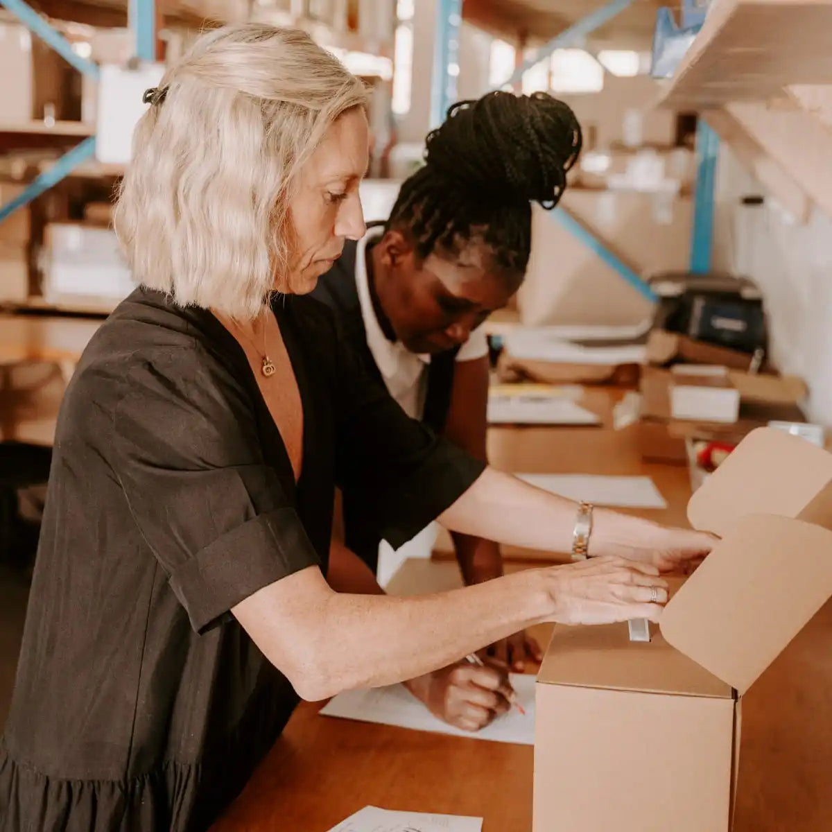 Two women working together to prepare packages for shipping.