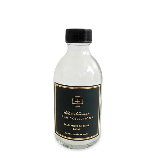 Clear glass bottle with black screw-top lid for 200ml Scenting System Refill for diffuser
