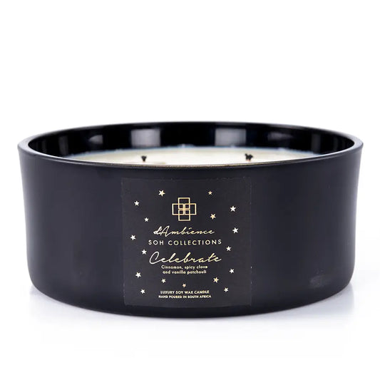 Celebrate black multi-wick candle with gold label, perfect for diffuser and candle decor