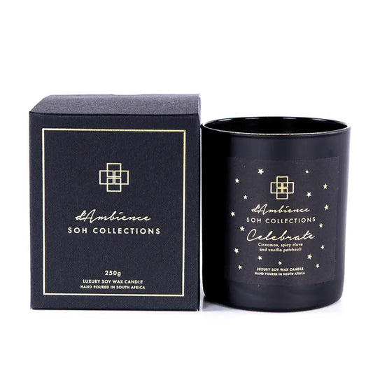 Celebrate luxury soy wax candle with matching box, perfect for home diffuser use