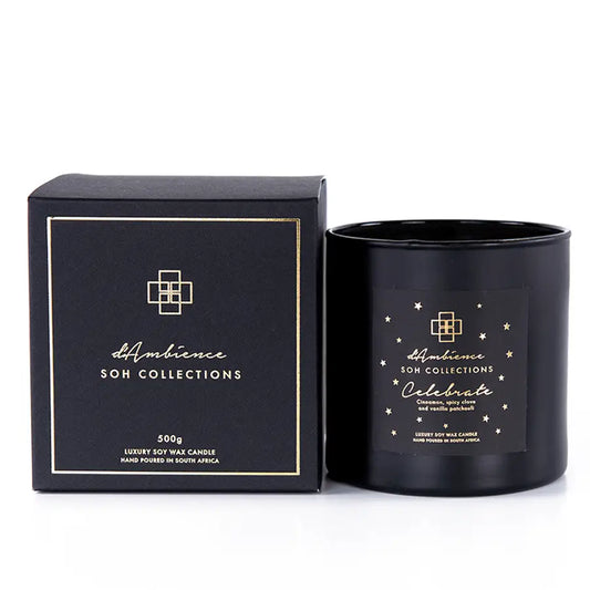Celebrate black candle in jar with matching gift box, perfect for candle and diffuser gifts