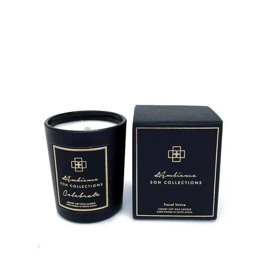 Black luxury scented candle and matching box from Celebrate Travel Votive for elegant ambiance