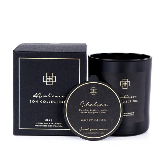 Chelsea luxury soy wax candle in black box and jar for elegant diffuser ambiance