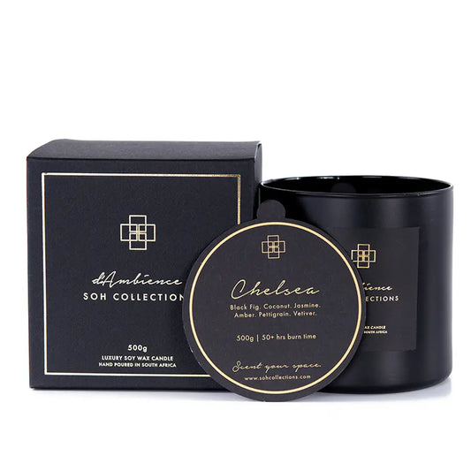 Chelsea black scented candle in glass jar with matching box and hang tag for diffuser ambiance