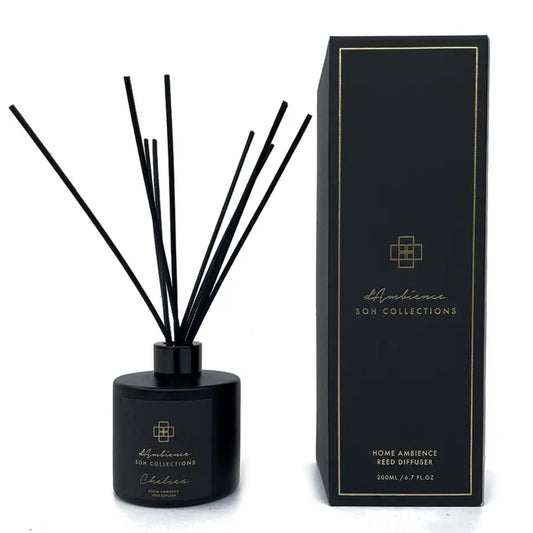 Black Chelsea Reed Diffuser with matching black box for elegant home fragrance