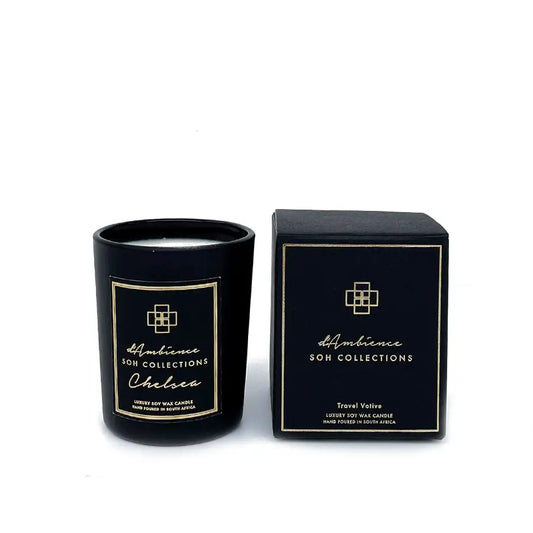 Chelsea black luxury soy wax candle with matching box, perfect for travel diffuser