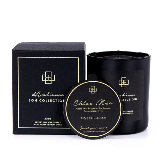 Black luxury soy wax candle with gold lettering from Chloe Mar, perfect as a diffuser alternative