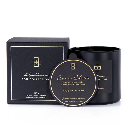 Coco Char 500g scented candle in black glass jar with gold accents, perfect as a diffuser