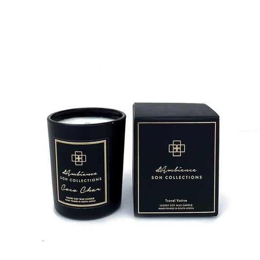 Coco Char Travel Votive with black candle in jar and matching box for diffuser scent