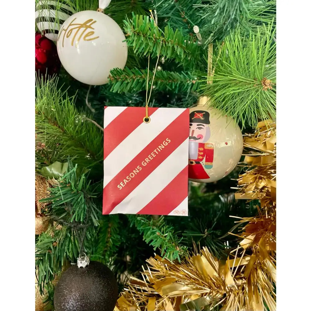 Seasonal festive gift tag with red and white stripes for Festive Scented Sachets diffuser