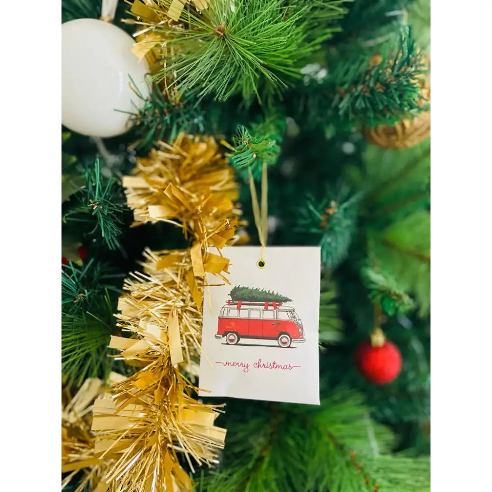 Christmas tree with red vintage van ornament for festive season diffuser decor