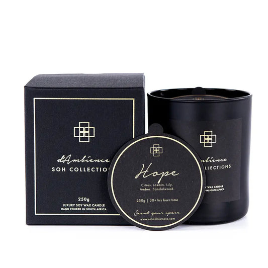 Hope black scented candle in jar with matching box and circular tag for scent diffuser
