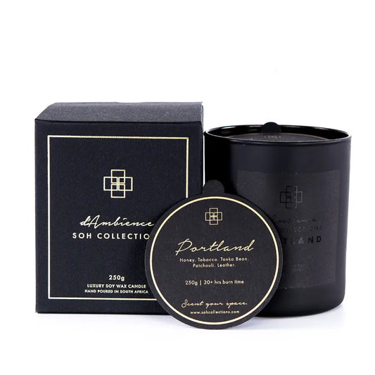 Black boxed and jarred Portland scented candle with scents, perfect for diffuser use