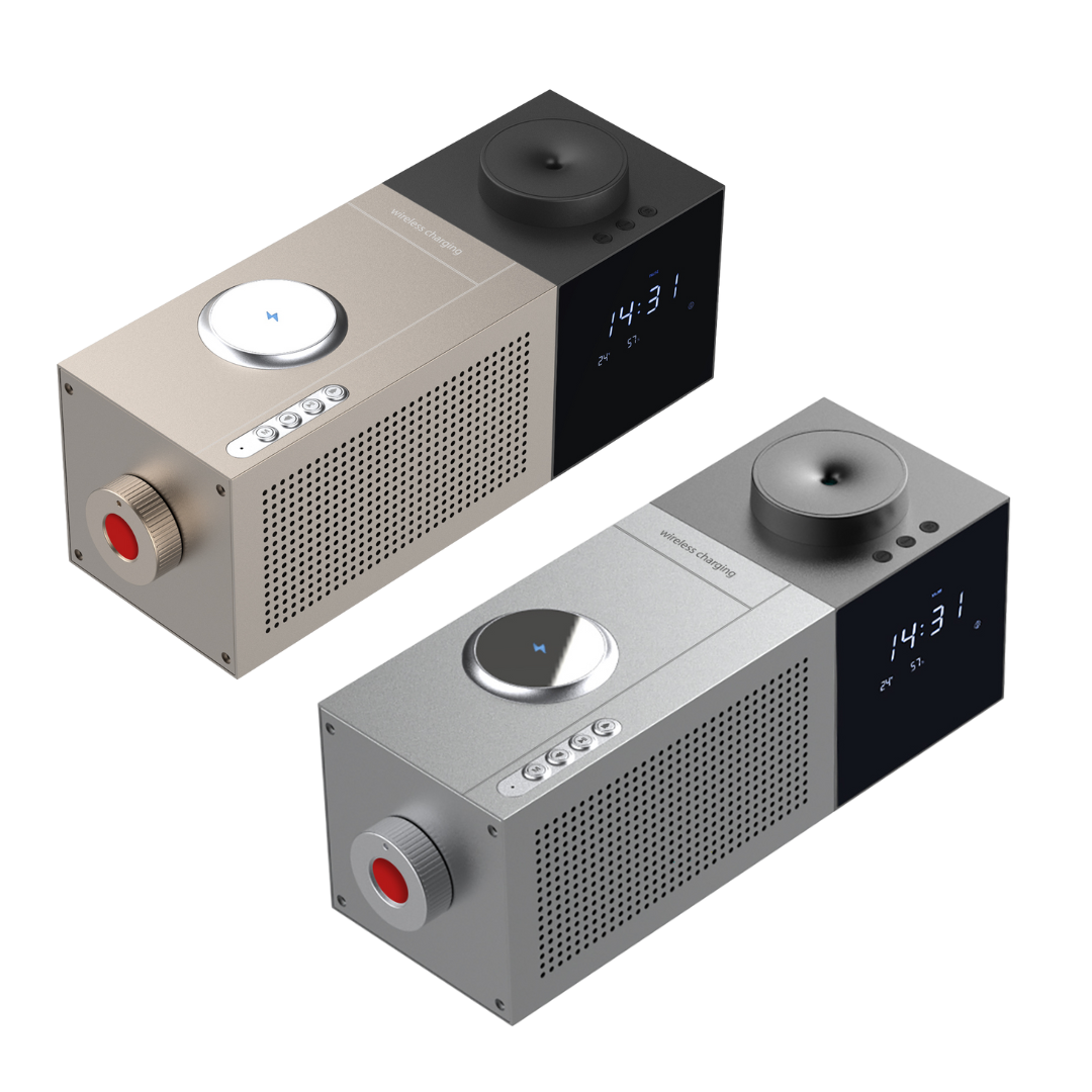 Roma Luxe Pod electric diffuser with silver black alarm clock speaker