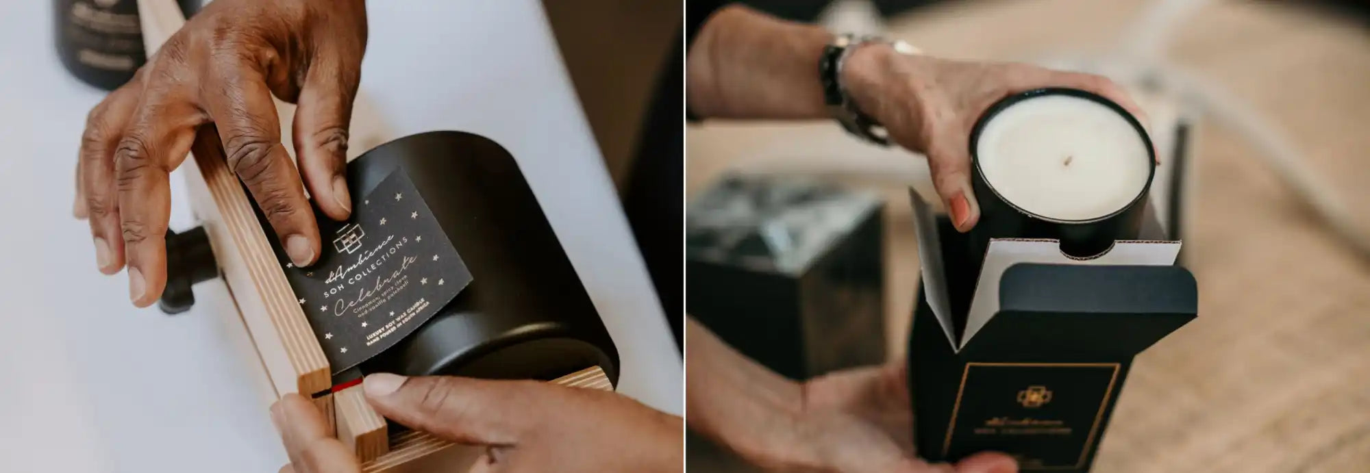 Two candles, one being labeled and the other being placed into its box.