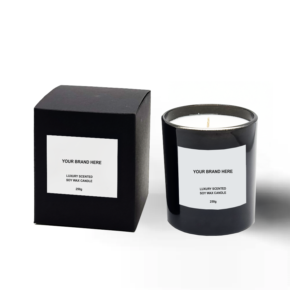 Black luxury scented soy wax candle with pure cotton wicks in glass jar and matching box